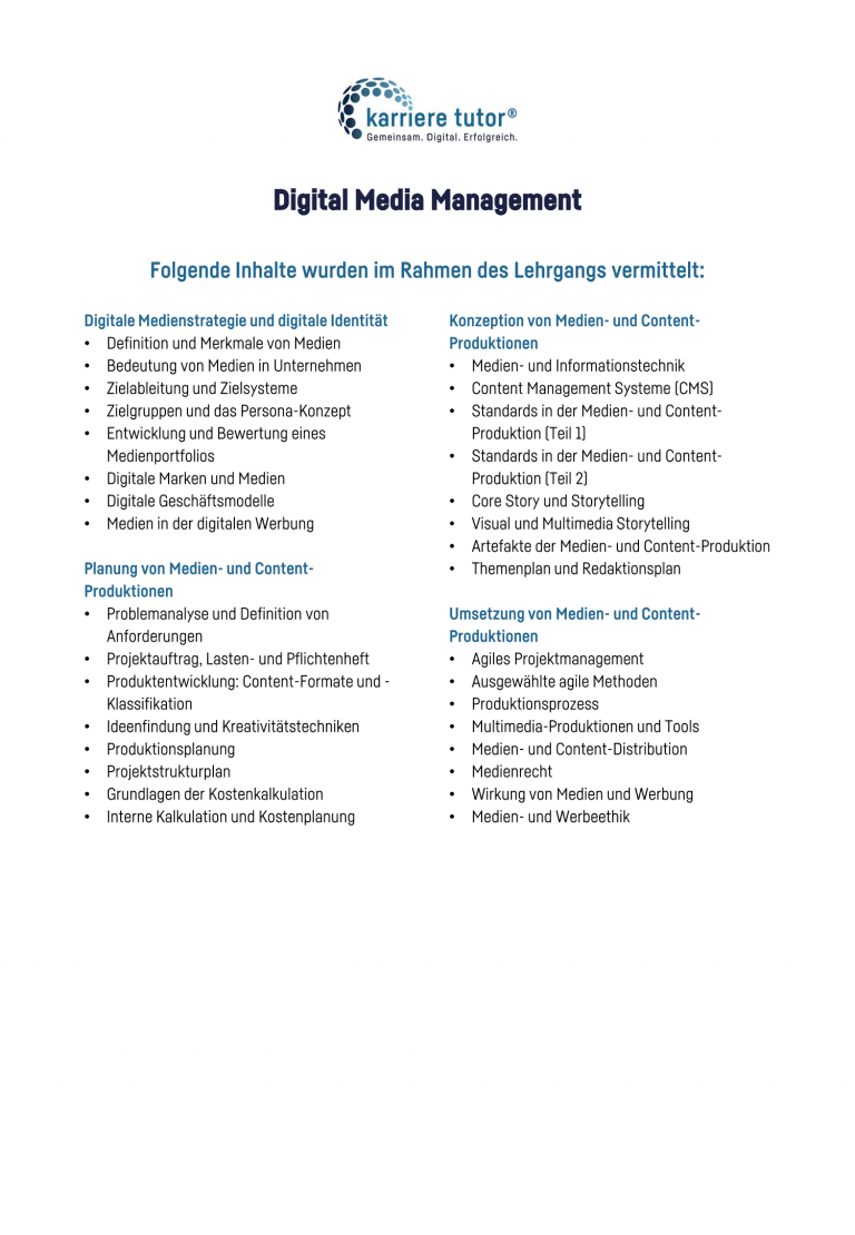 Lehrgangsübersicht Digital Media Management Karriere Tutor