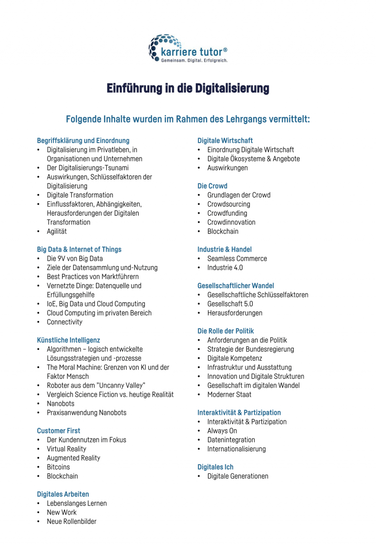 Lehrgangsübersicht Einführung in die Digitalisierung Karriere Tutor