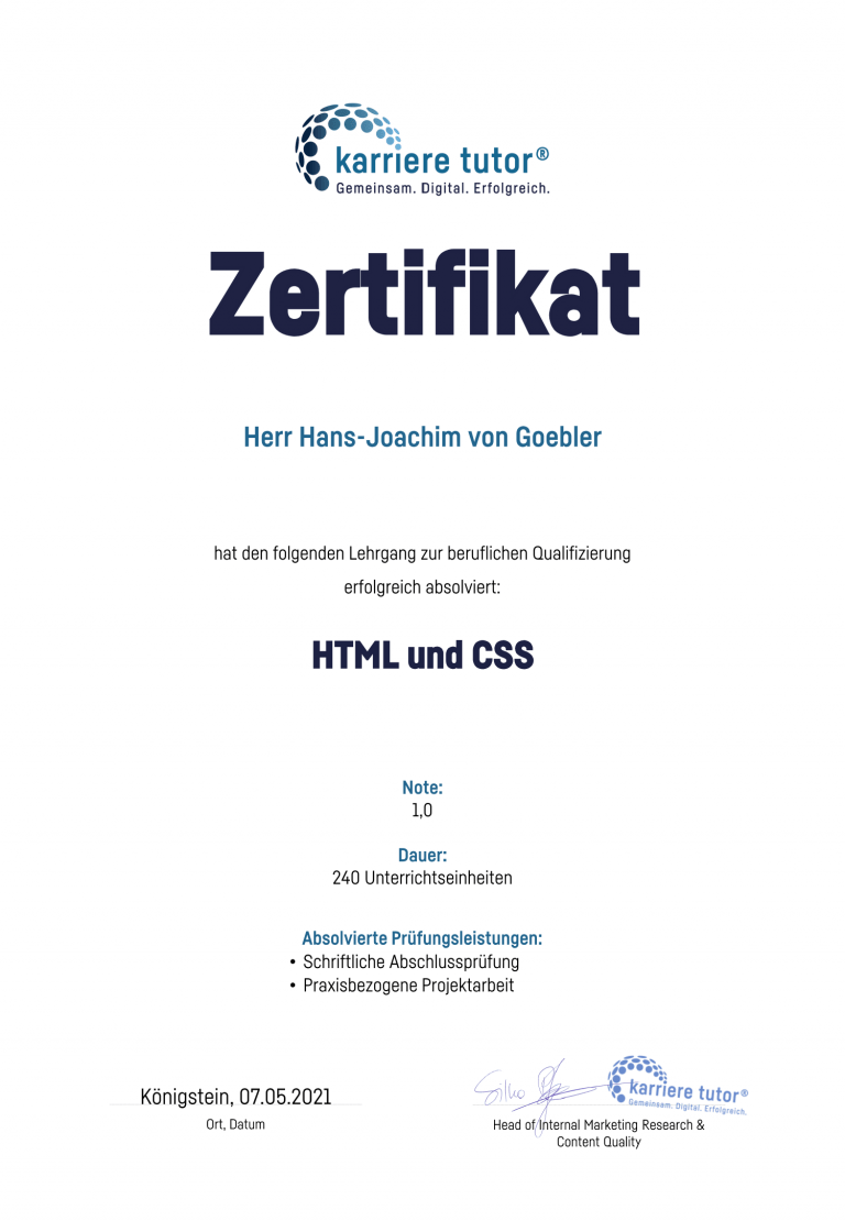 Zertifikat HTML und CSS
