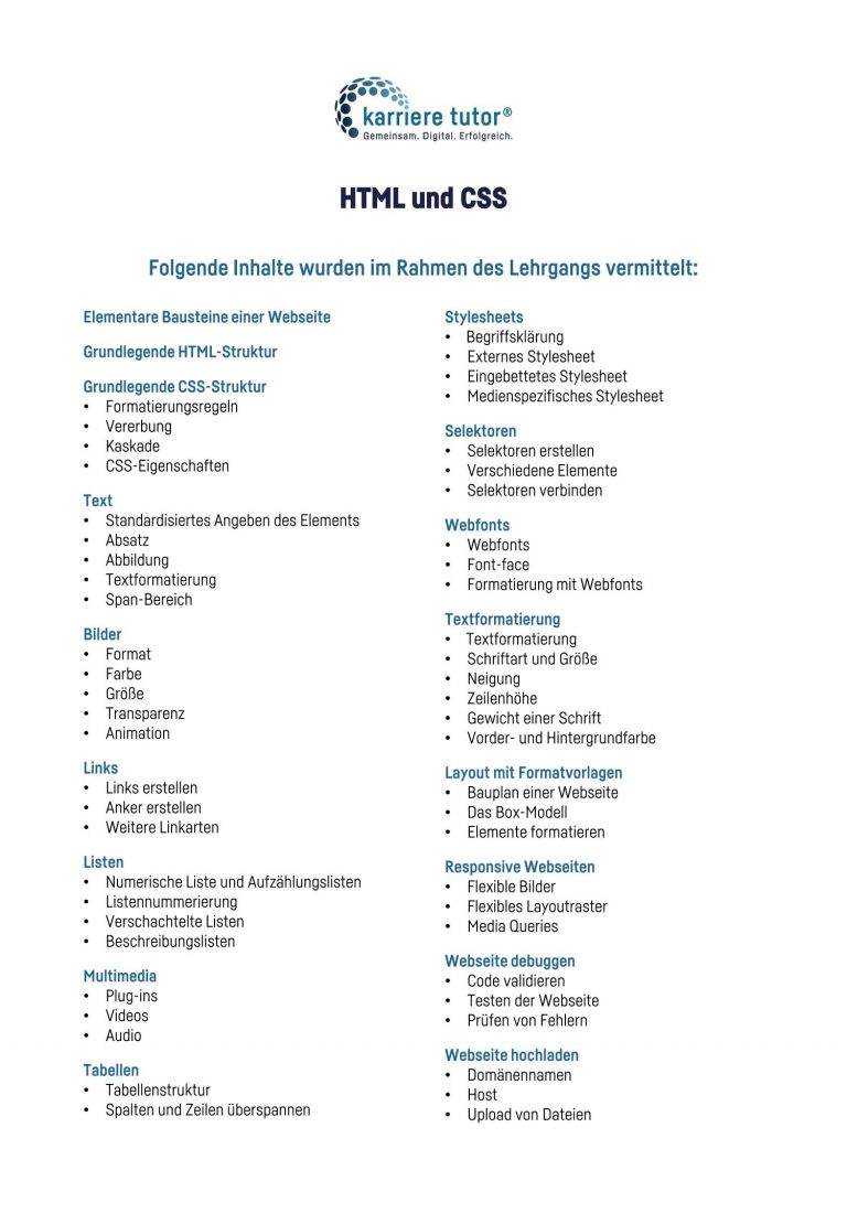 Lehrgangsübersicht HTML und CSS Karriere Tutor
