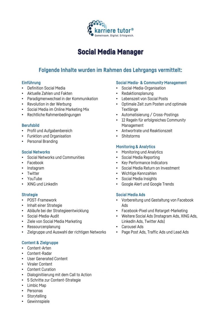 Lehrgangsübersicht Social Media Manager Karriere Tutor