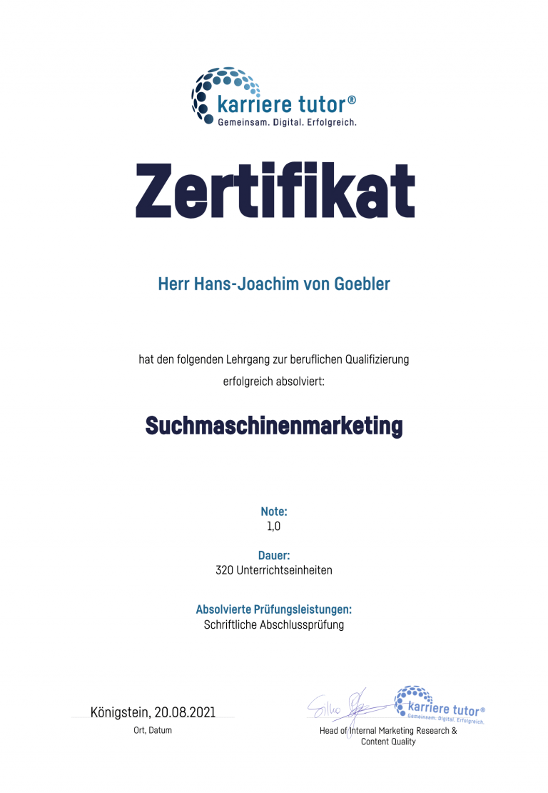 Zertifikat Suchmaschinenmarketing