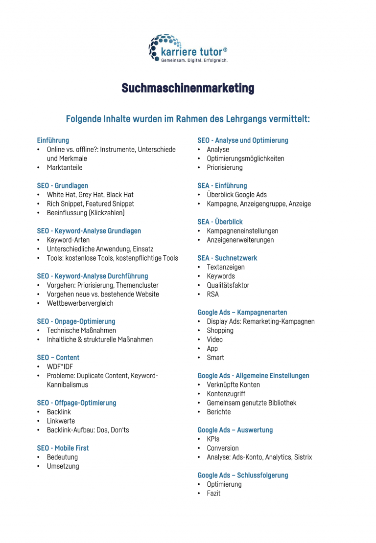 Lehrgangsübersicht Suchmaschinenmarketing Karriere Tutor