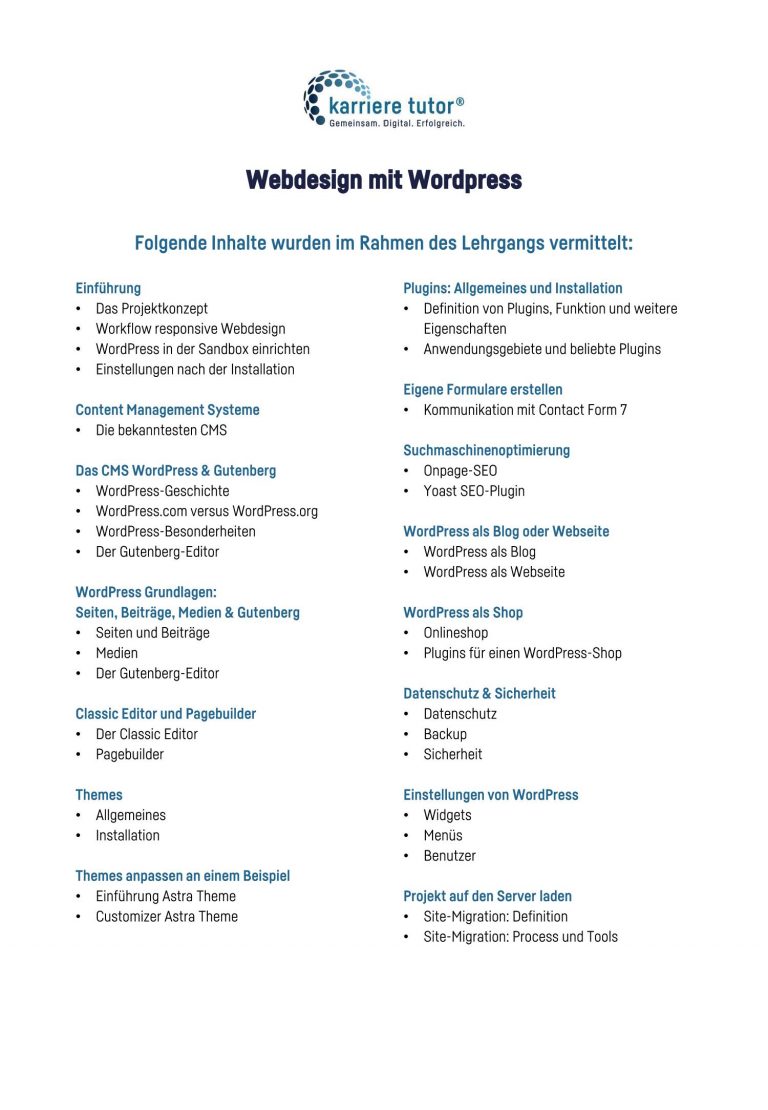 Lehrgangsübersicht WebDesign mit WordPress Karriere Tutor