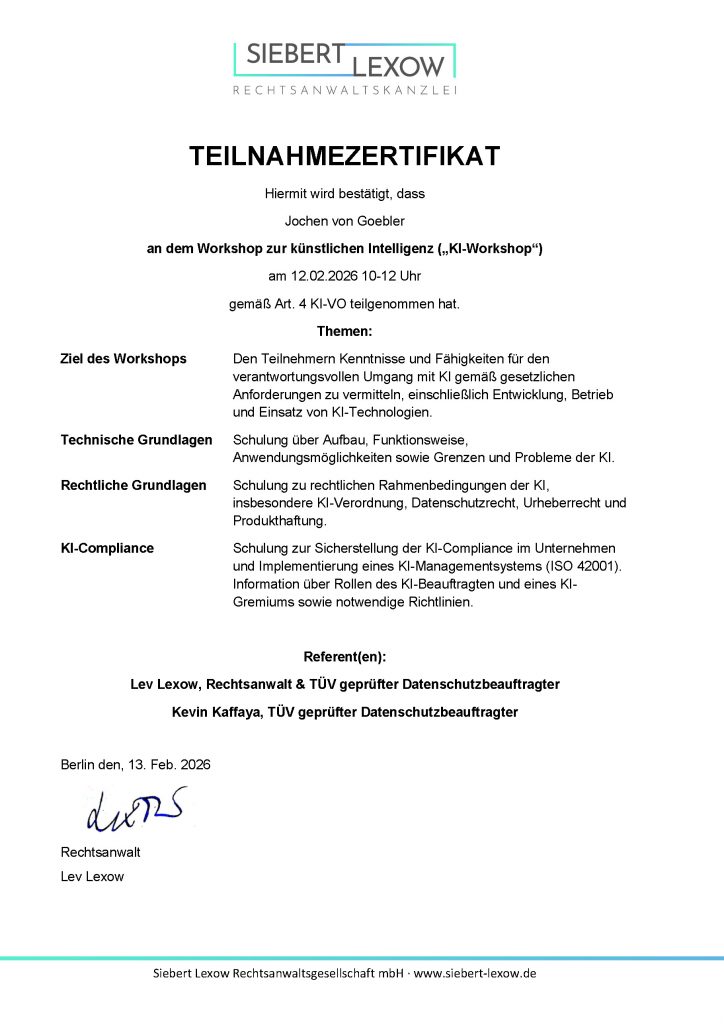 Teilnehmerzertifikat KI-Workshop